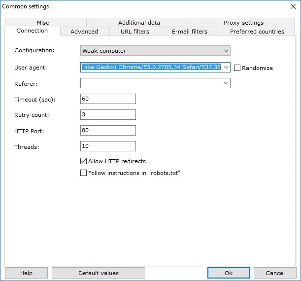 Computer connection settings menu screenshot