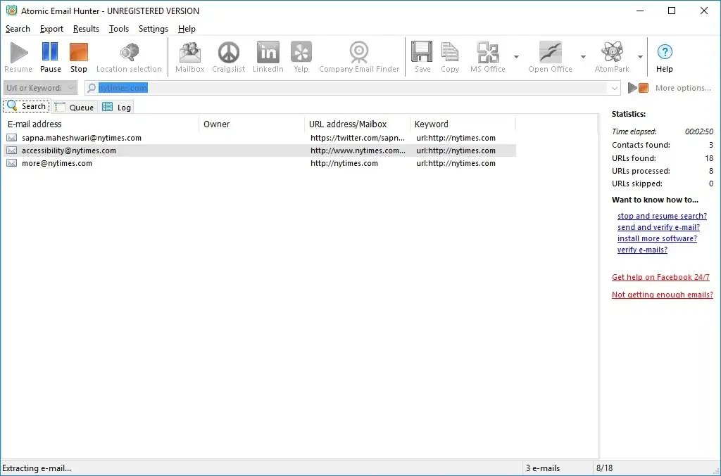 Atomic Email Hunter software interface.