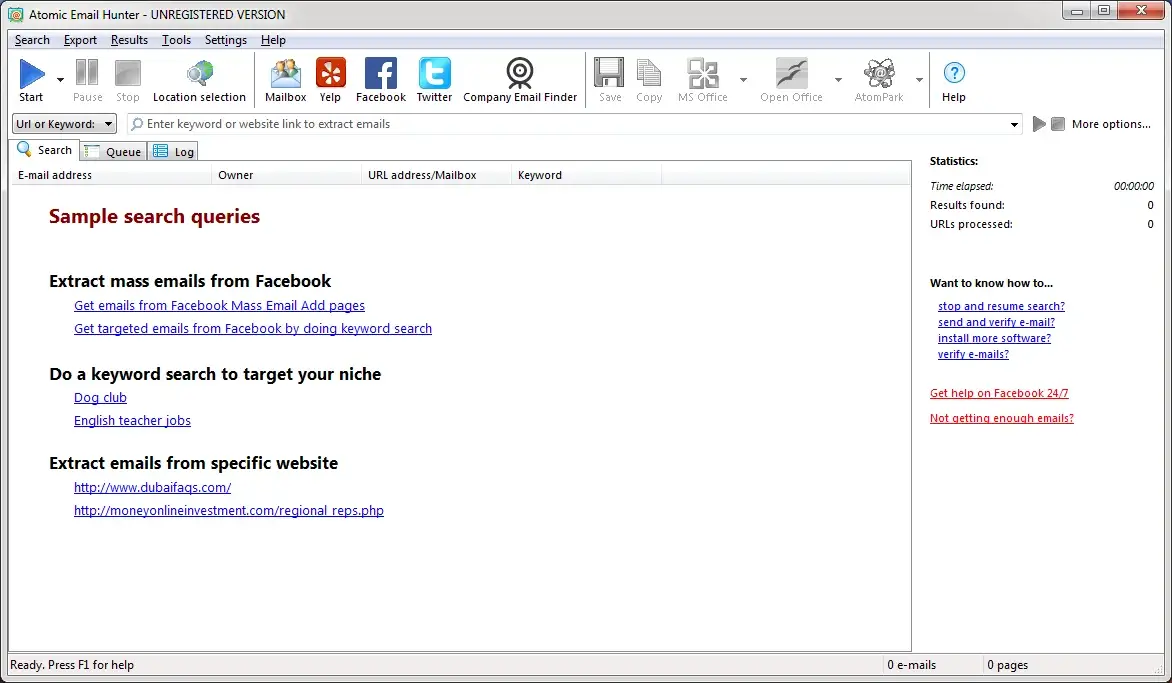 Atomic Email Hunter software interface screen.