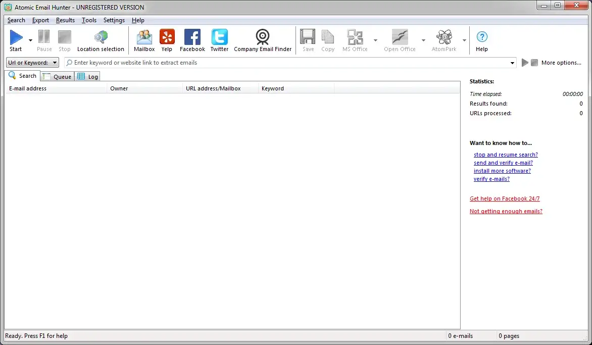 Screenshot of Atomic Email Hunter software interface