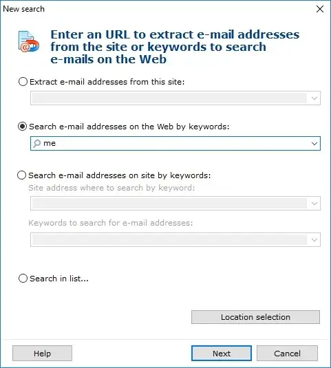 Email search options by URL or keywords.
