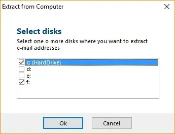 Disk selection window for extracting email addresses.