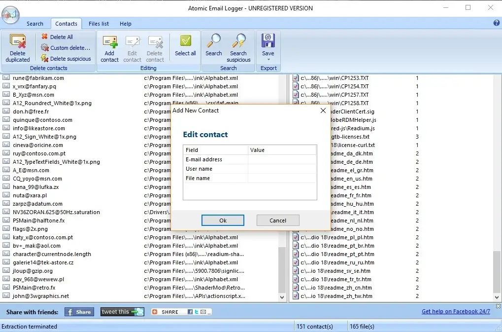 Atomic Email Logger screen showing contact editing.