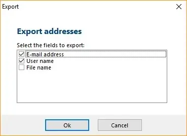 Export addresses window with field options.