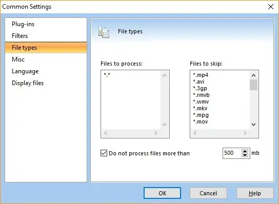 File types settings window