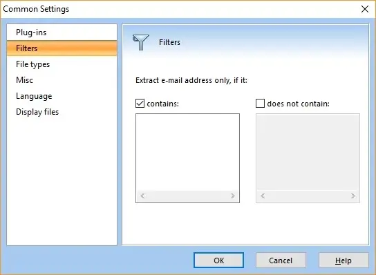 Settings window with email filters