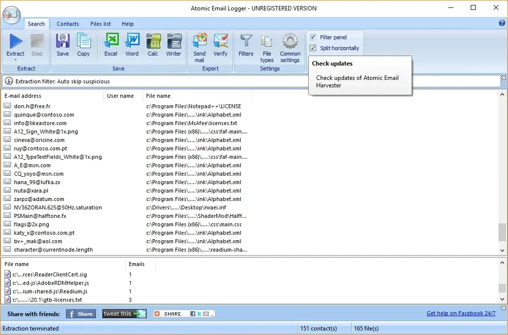 Atomic Email Logger software interface