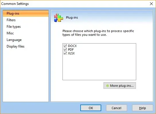 Common settings window for plugin selection.