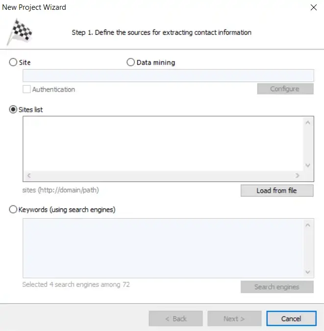New Project Wizard setup screen