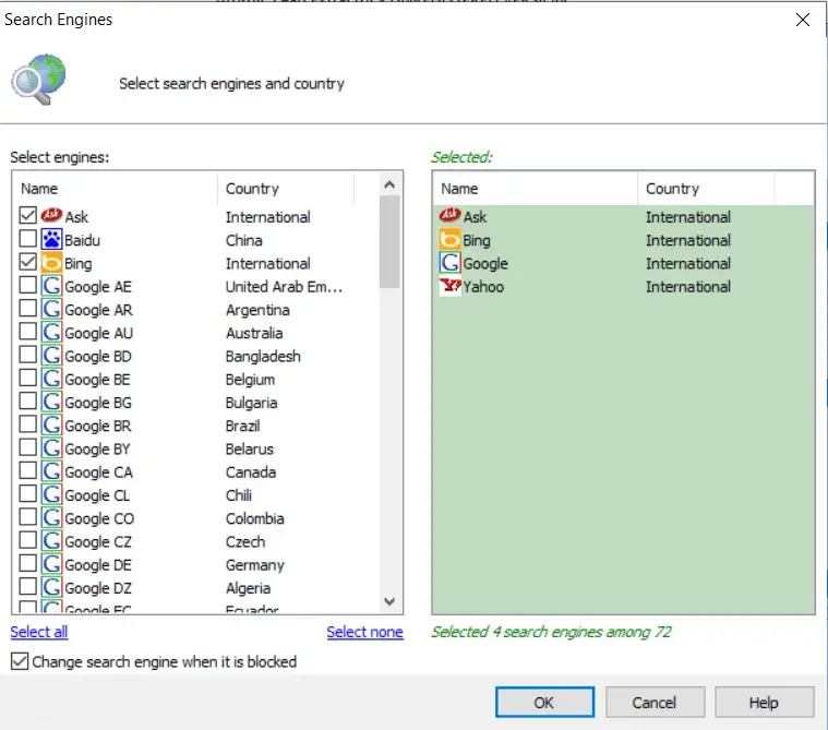 Select search engines and country options screen.