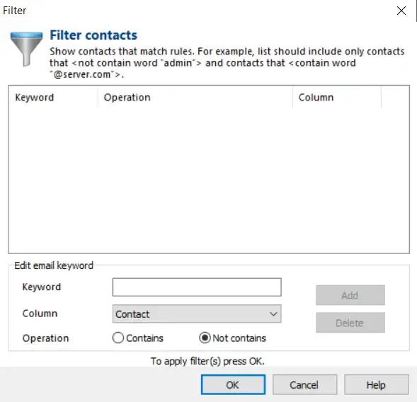 Filter contacts window for email keyword rules.