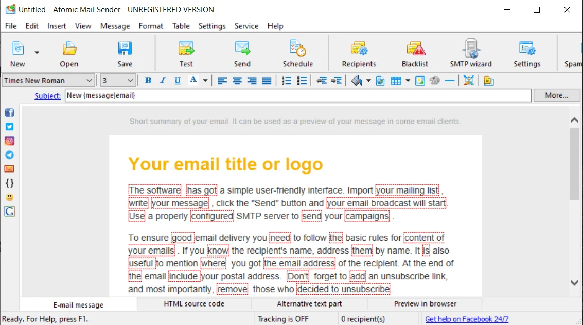 Email client interface with instructions and features.
