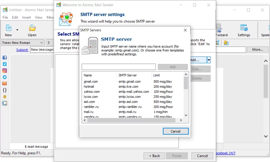 Atomic Mail Sender SMTP server settings window.