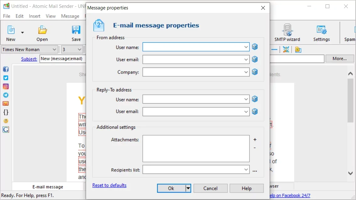 Email message properties window