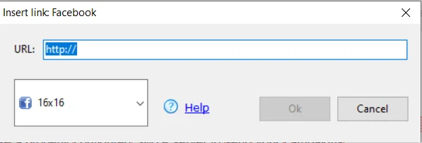 Facebook link insertion dialog window
