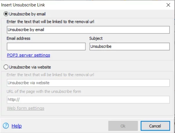 Insert Unsubscribe Link dialog box options.