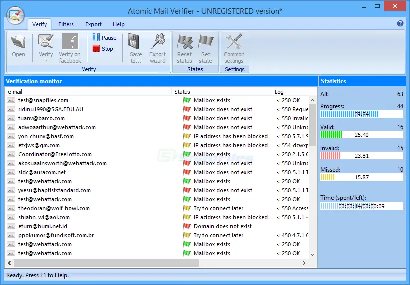 Atomic Mail Verifier software interface showing email verification.