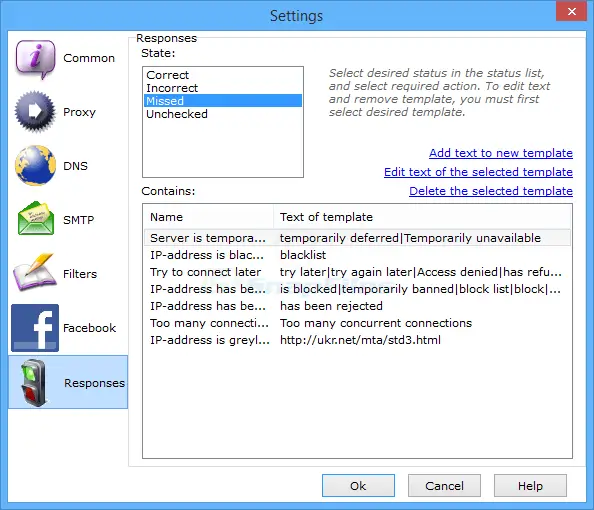 Settings window displaying various email response templates.
