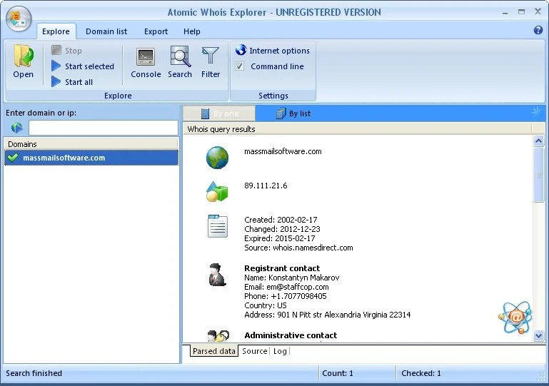 Atomic Whois Explorer displaying domain registration details.
