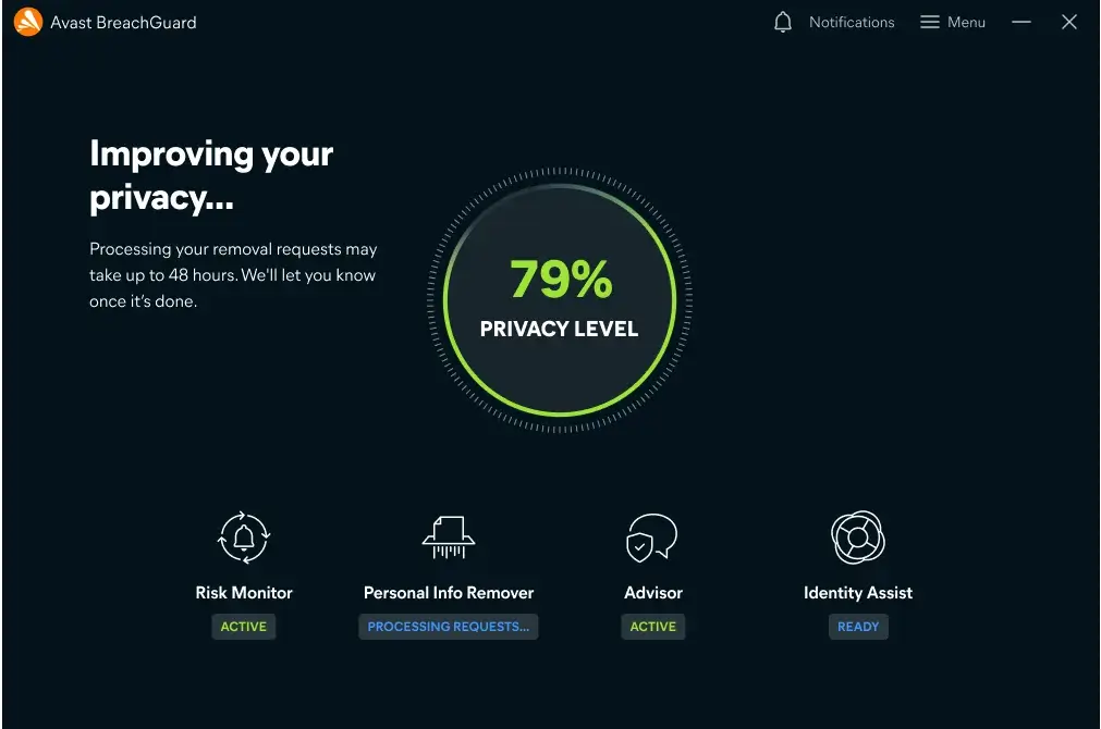 Avast BreachGuard privacy level at 79%.