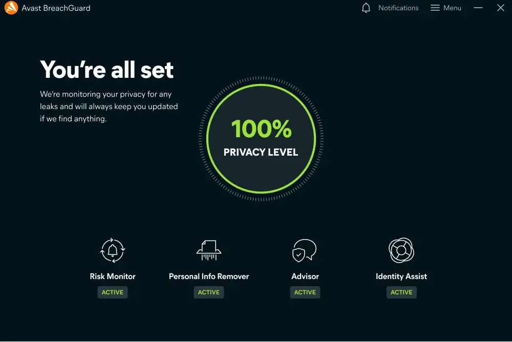 Avast BreachGuard: 100% Privacy Level achieved.