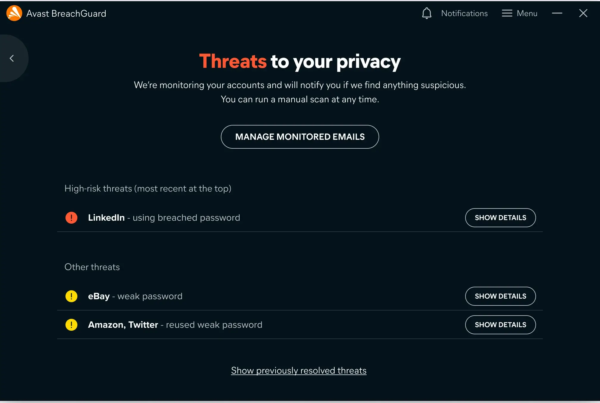 Privacy threats: breached or weak passwords detected