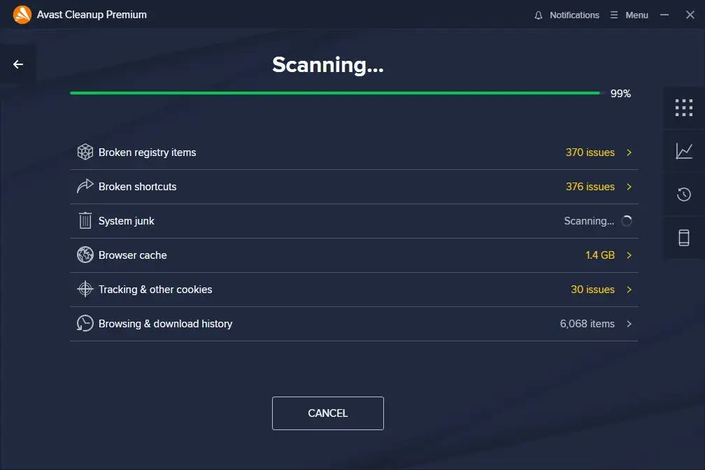 Avast Cleanup Premium scanning system for issues.