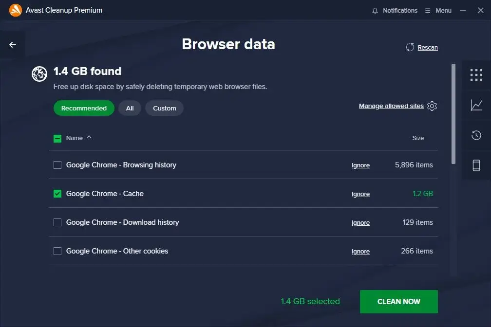 Avast Cleanup Premium cleaning browser data.