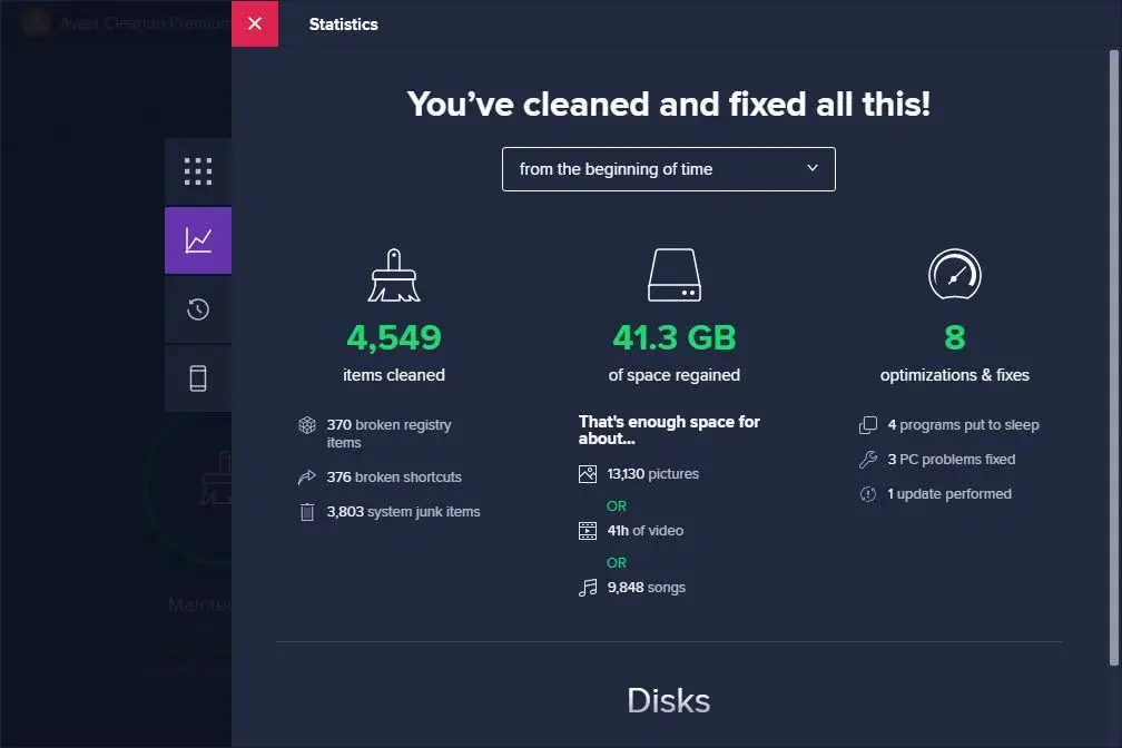 Cleaning statistics: items cleaned, space regained, optimizations.