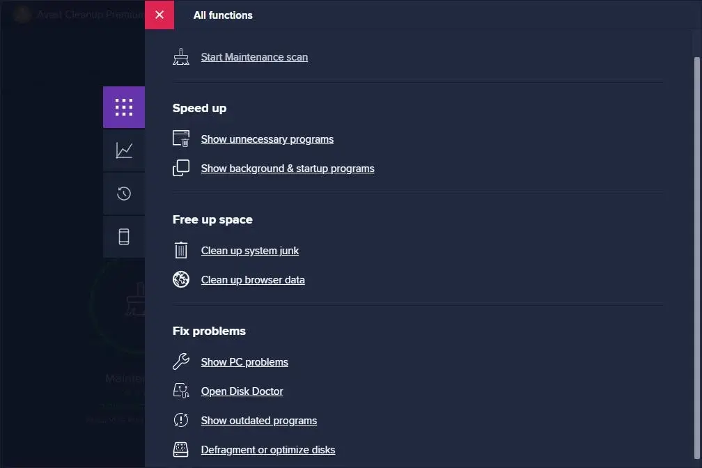 PC optimization and maintenance tool menu options.