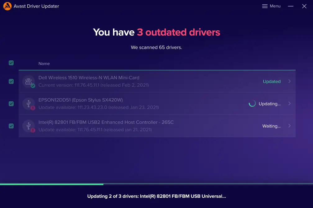 Avast Driver Updater: 3 outdated drivers detected.