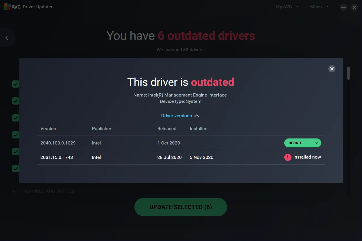AVG outdated driver update screen