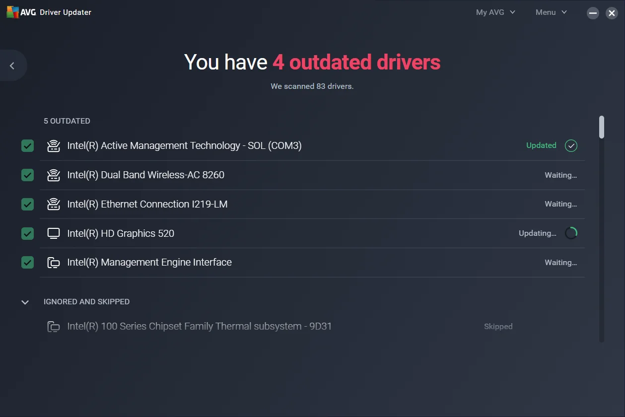 AVG Driver Updater shows 4 outdated drivers.