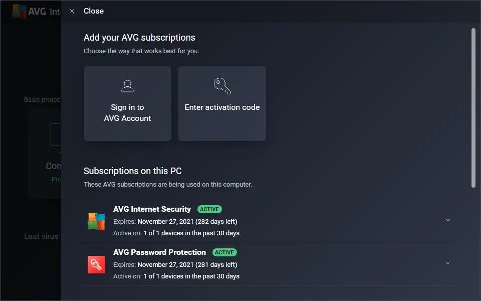 AVG subscriptions and activation options screen