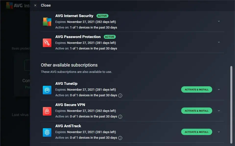 AVG subscriptions status and activation options.