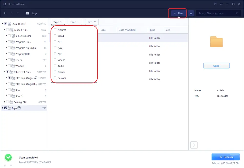 File recovery software filter options.