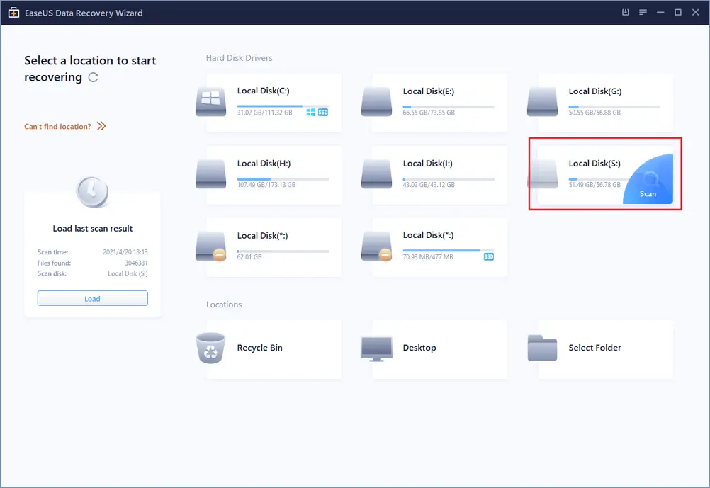 EaseUS Data Recovery Wizard scan drives