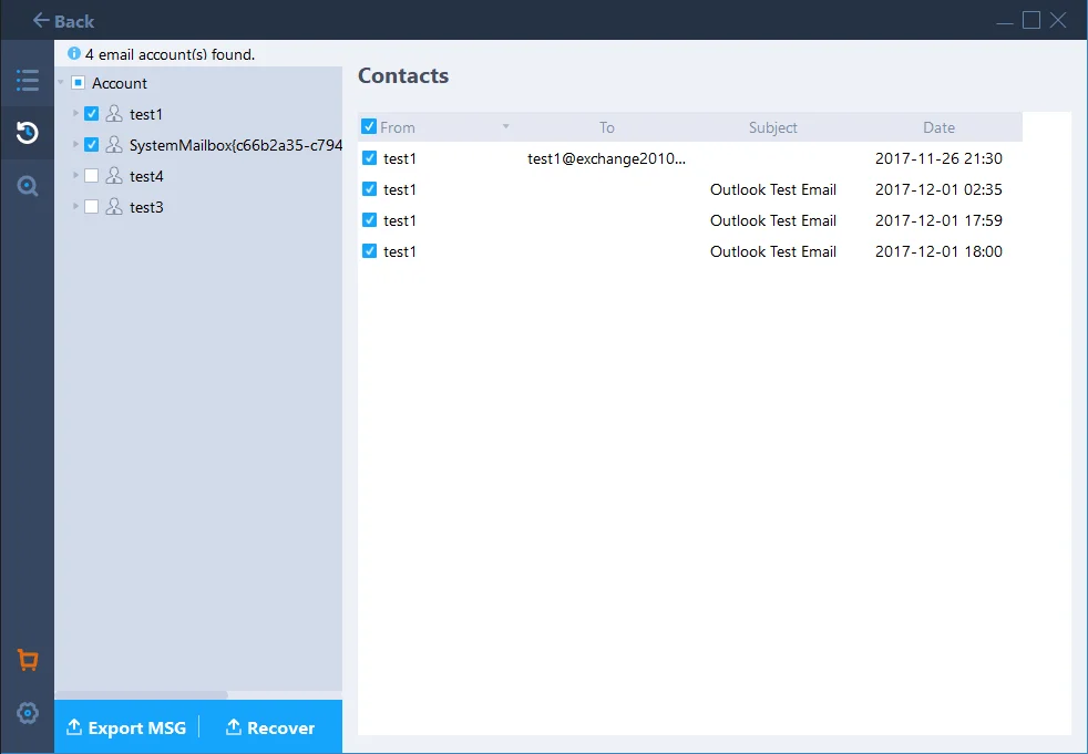 Email accounts with test messages to recover