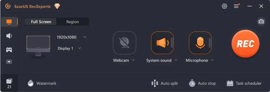 EaseUS RecExperts screen recording software interface.