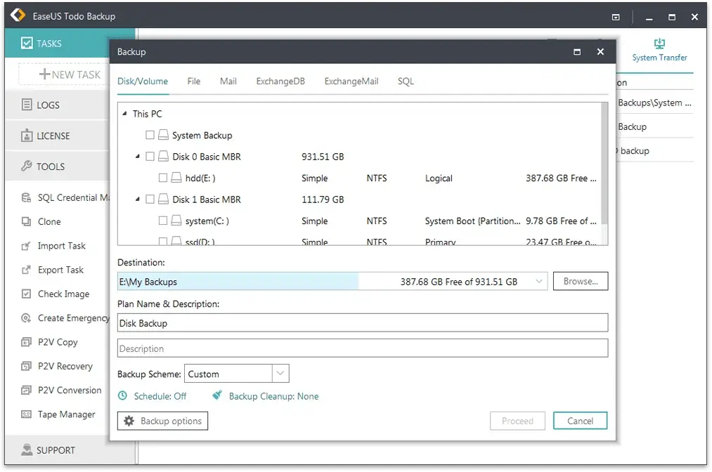 EaseUS Todo Backup software disk backup configuration.