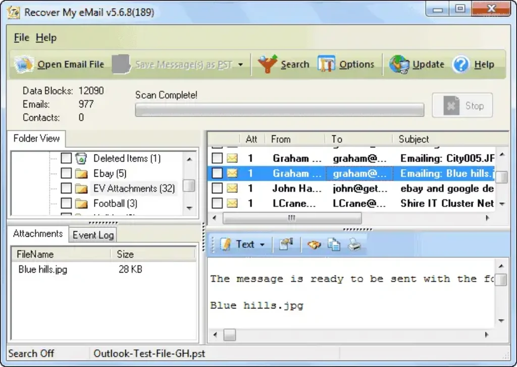 Recover My Email software interface showing email list.