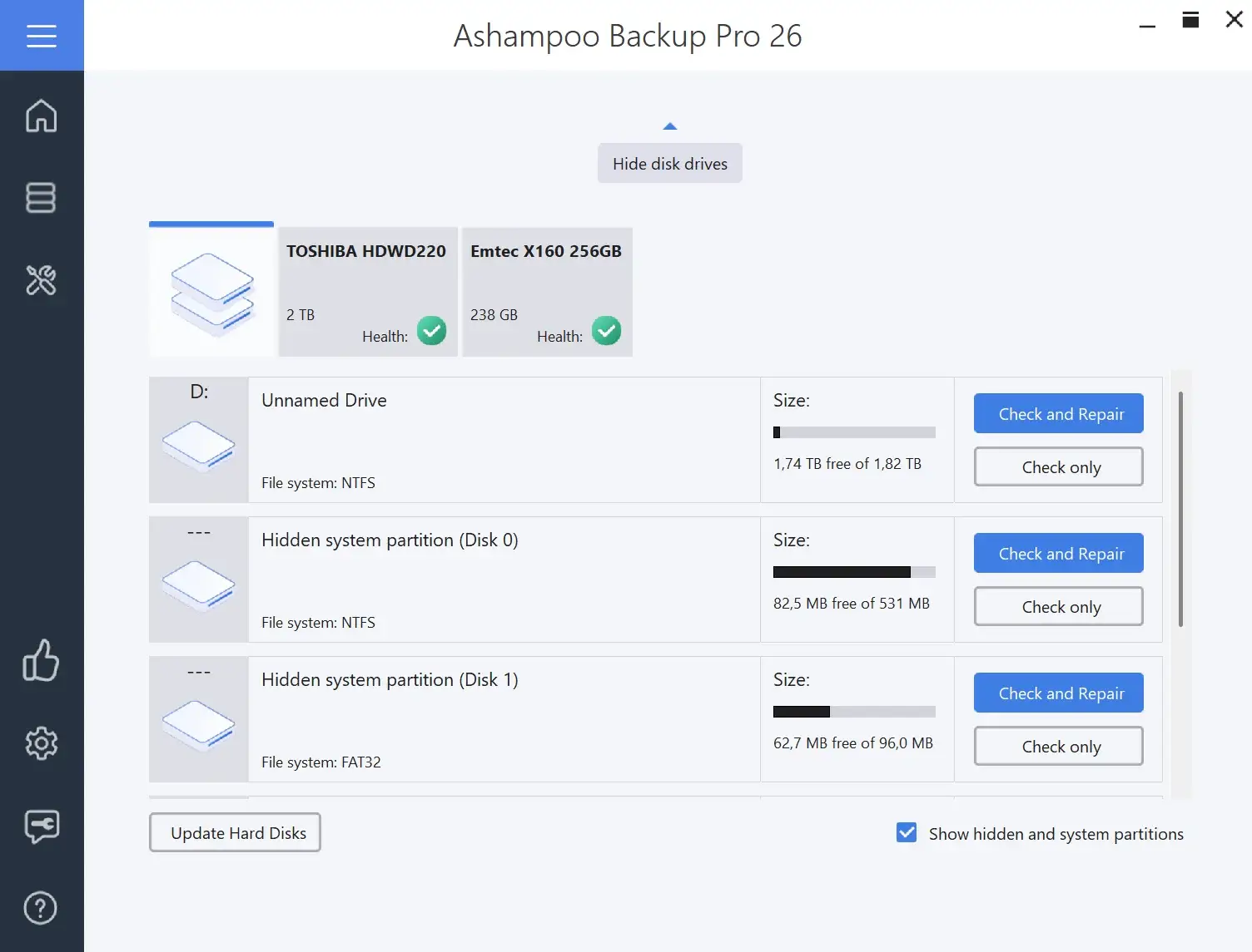 Ashampoo Backup Pro 26 disk management interface.