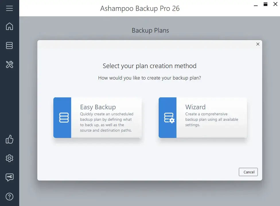 Ashampoo Backup Pro 26 plan creation options screen.