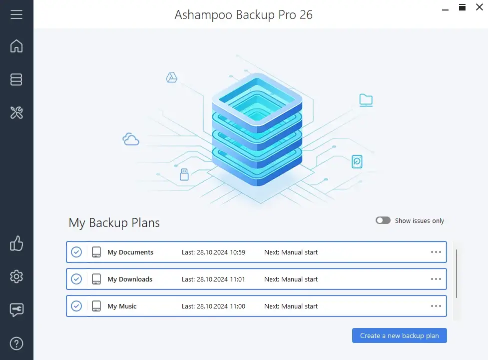 Ashampoo Backup Pro 26 interface with backup plans list.