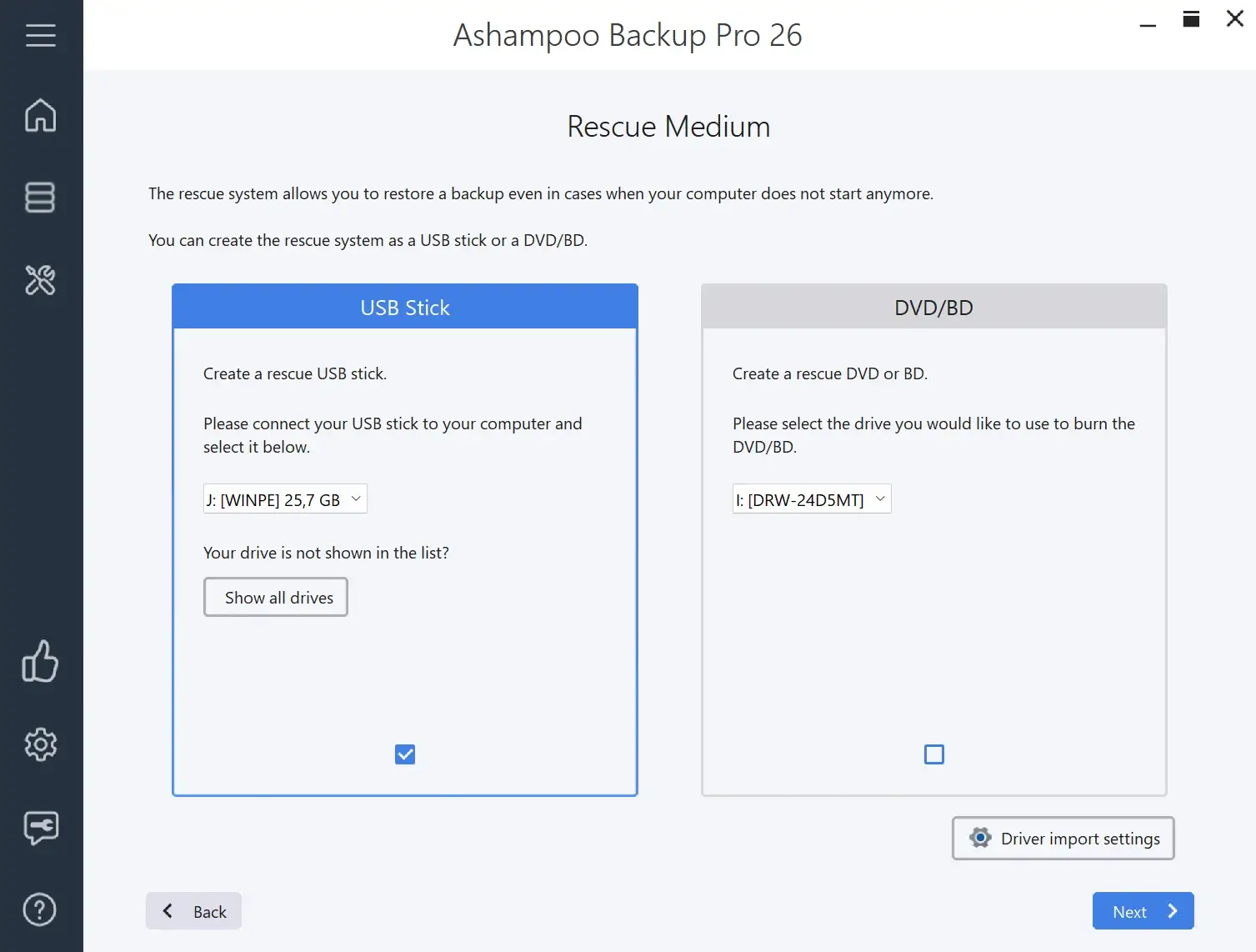 Ashampoo Backup Pro 26 rescue medium setup screen.