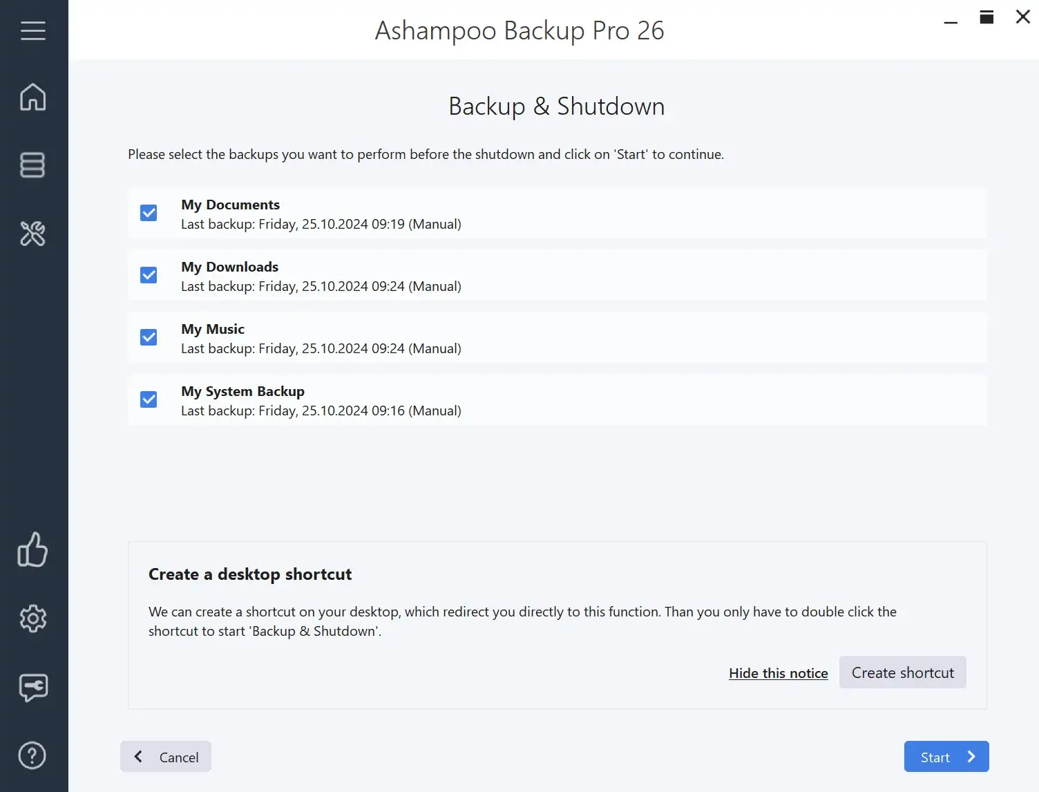 Ashampoo Backup Pro 26 window for backup selection
