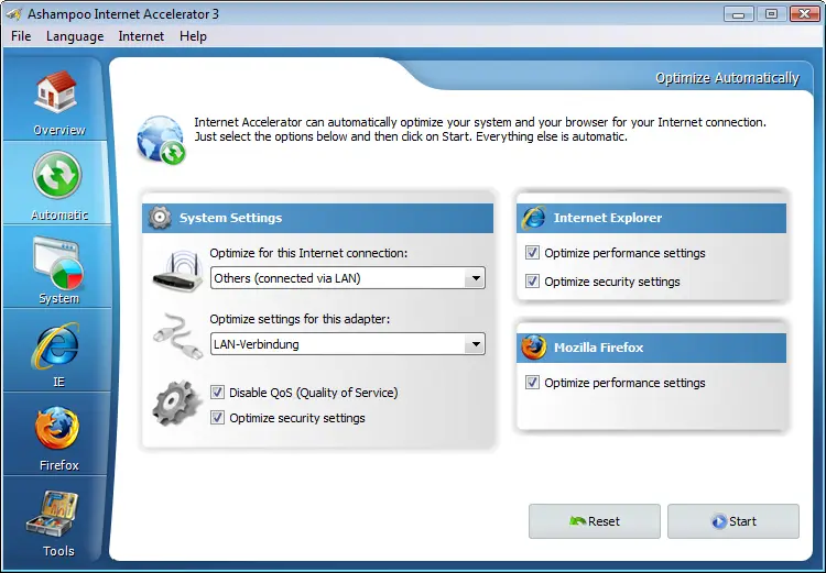 Ashampoo Internet Accelerator optimization settings interface