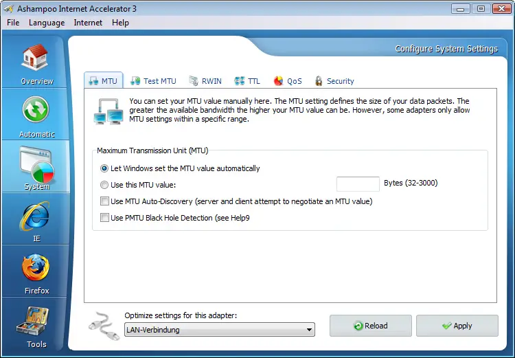 Configuration settings for MTU in Ashampoo software.