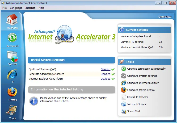 Ashampoo Internet Accelerator 3 software interface overview.