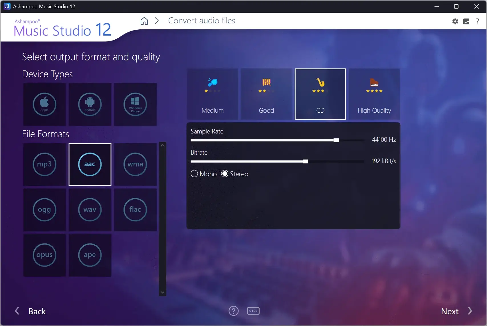 Audio conversion settings in Music Studio 12